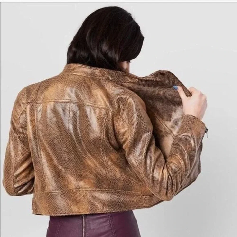 Free‎ People We The Free Snake Print Vegan Leather Moto Jacket Brown L NWT - Picture 14 of 15